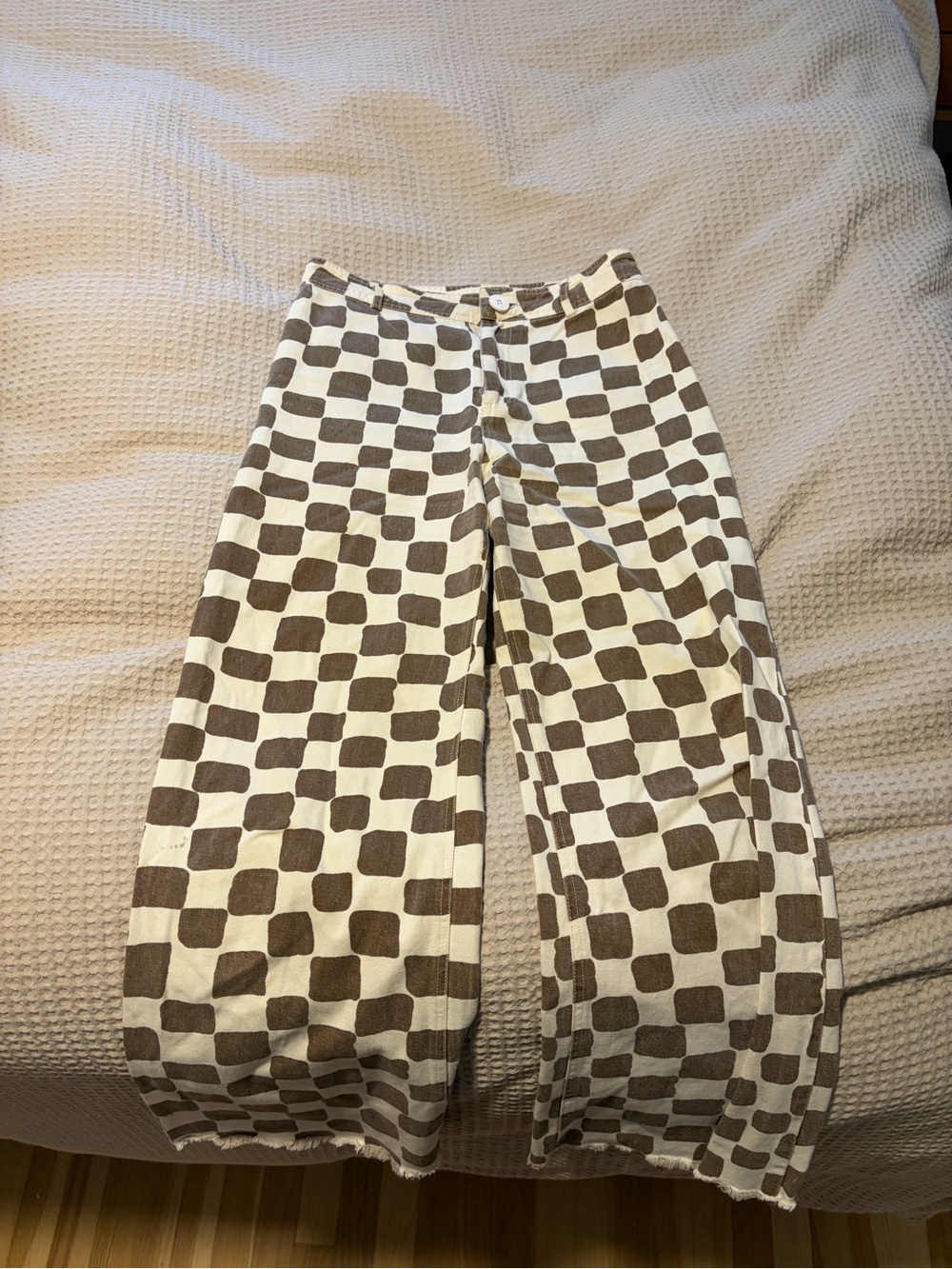 Adorable Checkerboard Wide Leg Pants in Cream & Brown